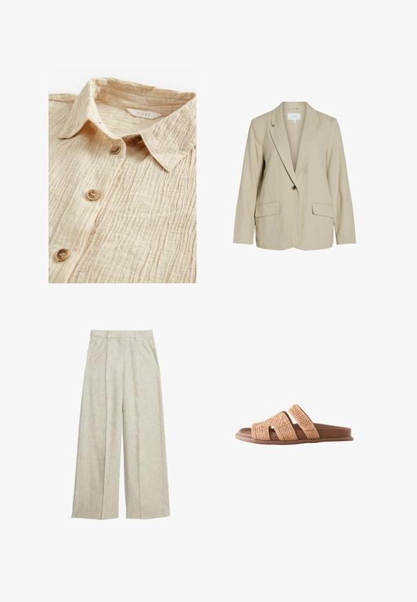 Blazer beige clair en tissu texturé. Dispose d'une fermeture à un seul bouton, de revers crantés et de deux poches avant.; Chemise beige à boutonner avec un tissu texturé et froissé. Dispose d'un col et de cinq boutons marron sur le devant. Étiquette visible à l'intérieur.; Pantalons larges en lin beige avec un devant plissé, dotés d'une taille haute et de lignes épurées, parfaits pour un confort respirant.; Sandale plate marron à enfiler, avec deux larges brides tressées et une semelle matelassée, vue de côté sur fond blanc.