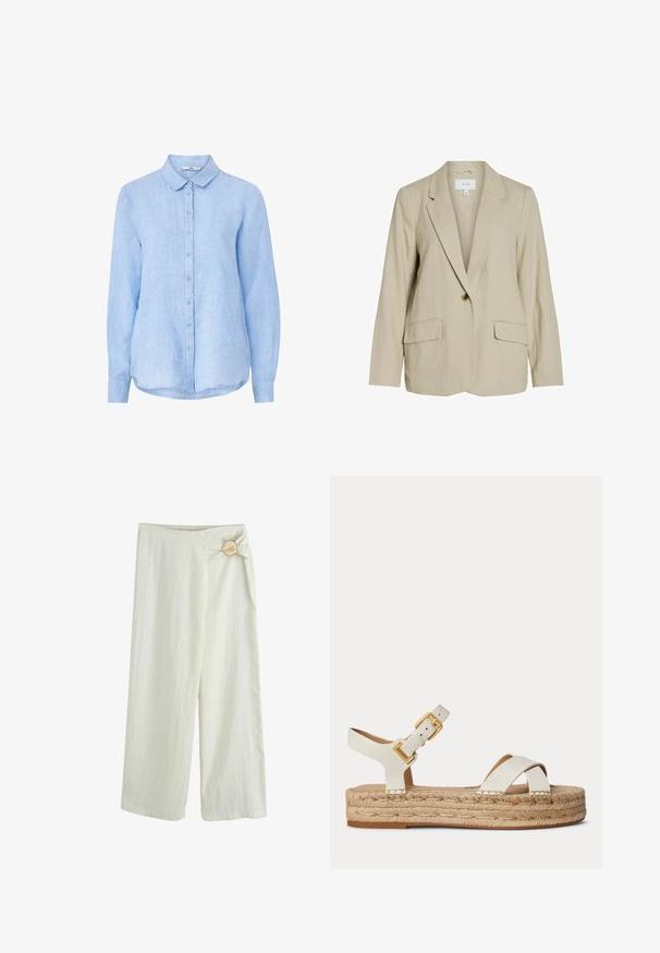 Blazer beige clair en tissu texturé. Dispose d'une fermeture à un seul bouton, de revers crantés et de deux poches avant.; Chemise en lin bleu clair avec un boutonnage à l'avant, col pointu, manches longues et ourlet arrondi. Présente un tissu doux et texturé.; Pantalon crème à jambes larges avec une taille haute, doté d'une ceinture en tissu nouée avec une boucle ronde en écaille sur le côté droit.; Sandale à plateforme en cuir blanc avec semelle en jute tressée, bride de cheville avec boucle dorée et brides croisées sur l’avant sur fond uni.