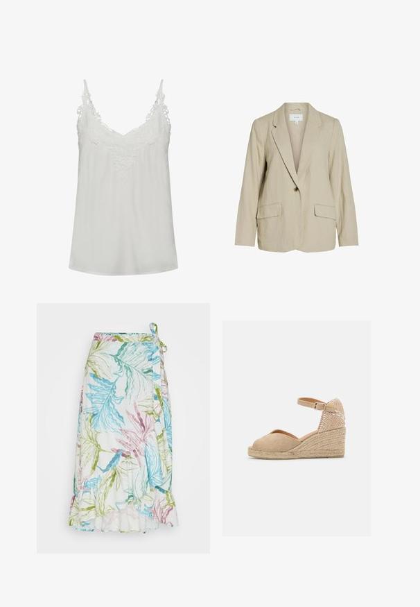 Blazer beige clair en tissu texturé. Dispose d'une fermeture à un seul bouton, de revers crantés et de deux poches avant.; Camisole en satin blanc avec des détails en dentelle le long du décolleté en V et des bretelles réglables. Texture douce et silhouette en A.; Thought LAUREL WRAP MIDI SKIRT - Jupe trapèze - multi; Castañer BIANCA - Espadrilles - sand
