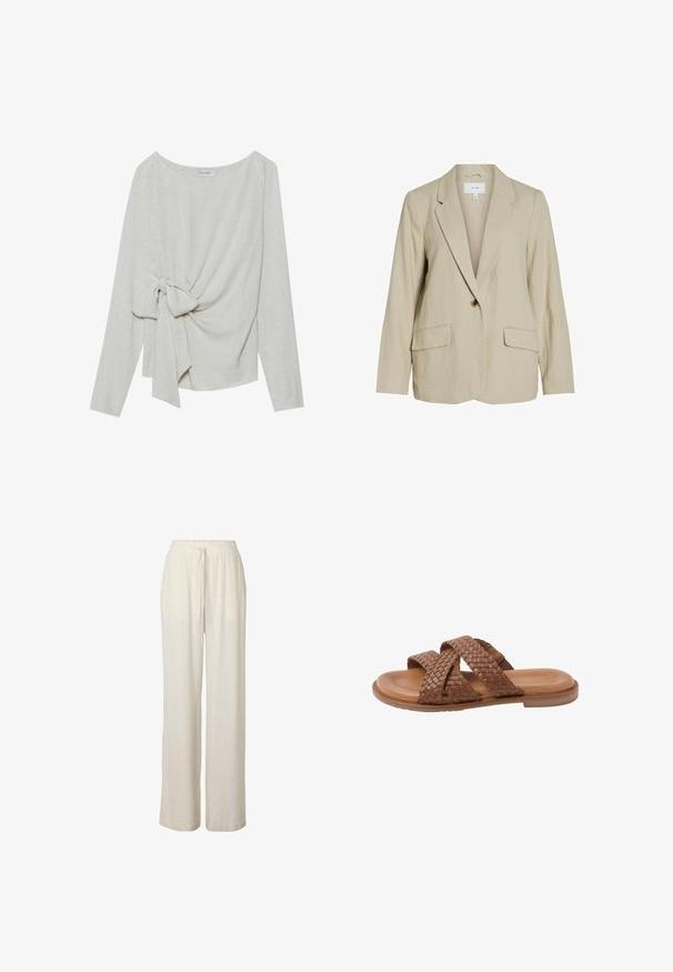Lichtbeige blazer van gestructureerde stof. Heeft een enkel knoopsluiting, notch-lapels en twee voorzakken.; Langsleeve top in lichtbeige linnenmix, met een gedraaide knoopdetails aan één zijde, ronde halslijn en een losse pasvorm.; Loszittende beige linnen broek met elastische tailleband en trekkoord, met rechte pijpen en zijzakken.; Bruine leren slidesandaal met twee brede gevlochten bandjes die over de voet kruisen en een platte zool, geïsoleerd op een witte achtergrond.