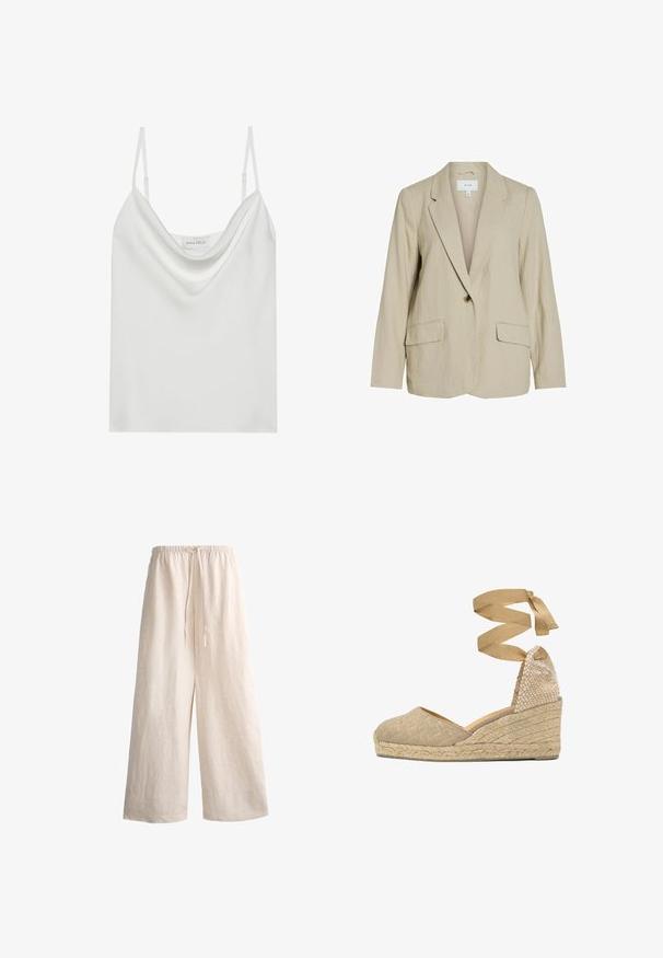 Blazer beige clair en tissu texturé. Dispose d'une fermeture à un seul bouton, de revers crantés et de deux poches avant.; Camisole en satin blanc avec un décolleté drapé, des fines bretelles réglables et une base droite. L'étiquette "ANNA FIELD" est visible à l'intérieur.; Pantalon large en lin beige avec taille élastique et cordon de serrage, coupe ample adaptée à une tenue décontractée.; Chaussure compensée espadrille beige avec semelle en jute tressé et bride à nouer autour de la cheville, empeigne en tissu texturé et bout fermé.