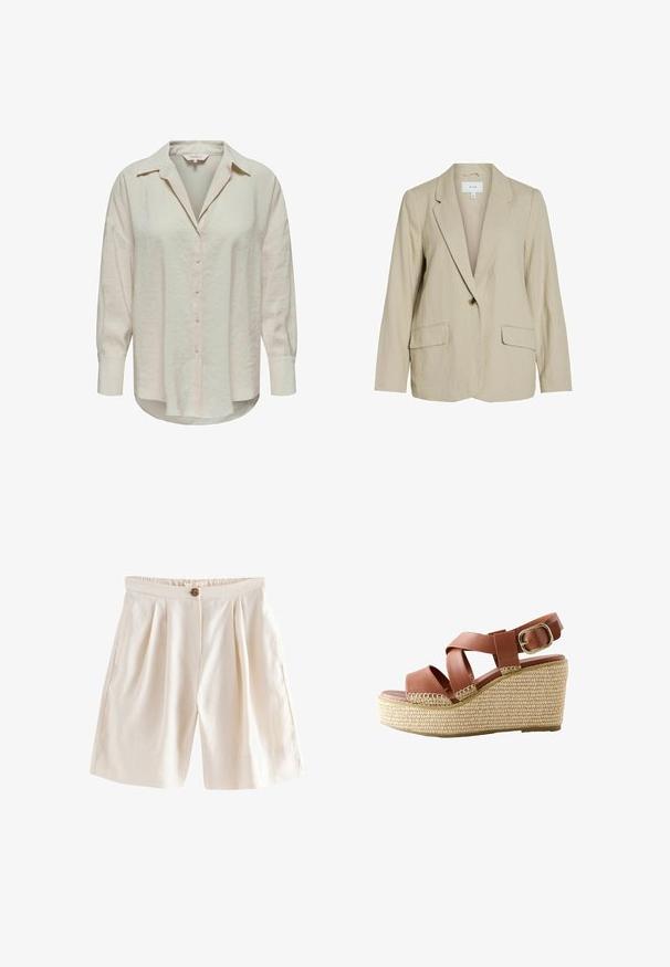 Blazer de color beige claro hecho de una tela texturizada. Cuenta con un cierre de un solo botón, solapas con muesca y dos bolsillos frontales.; Camisa abotonada de color beige claro con cuello, mangas largas y tela ligeramente texturizada. Presenta un dobladillo curvado y botones en el frente.; Pantalones cortos beige de cintura alta con pliegues delanteros, cierre con botones y cinturilla trasera elástica, hechos de tela ligera.; Sandalia cuña de cuero marrón con tiras entrecruzadas, hebilla dorada y suela de plataforma beige tejida.