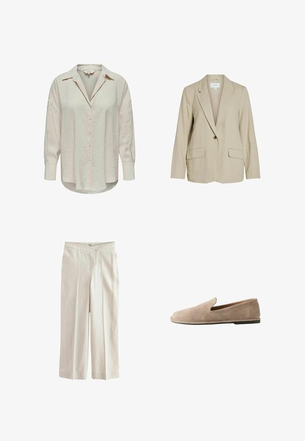 Hellbeige Blazer aus strukturiertem Stoff. Verfügt über einen Schließknopf, Reverskragen und zwei Fronttaschen.; Helles beiges Hemd mit Knöpfen, Kragen, langen Ärmeln und einem leicht strukturierten Stoff. Verfügt über einen abgerundeten Saum und Vorderknöpfe.; Next ASYMETRIC WAITBAND TAILORED WIDE LEG - Stoffhose - neutral; Beiger Wildleder-Slipper mit abgerundeter Spitze, niedrigem flachem Absatz, genähter Sohle und elastischem Seiteneinsatz für einfaches An- und Ausziehen.