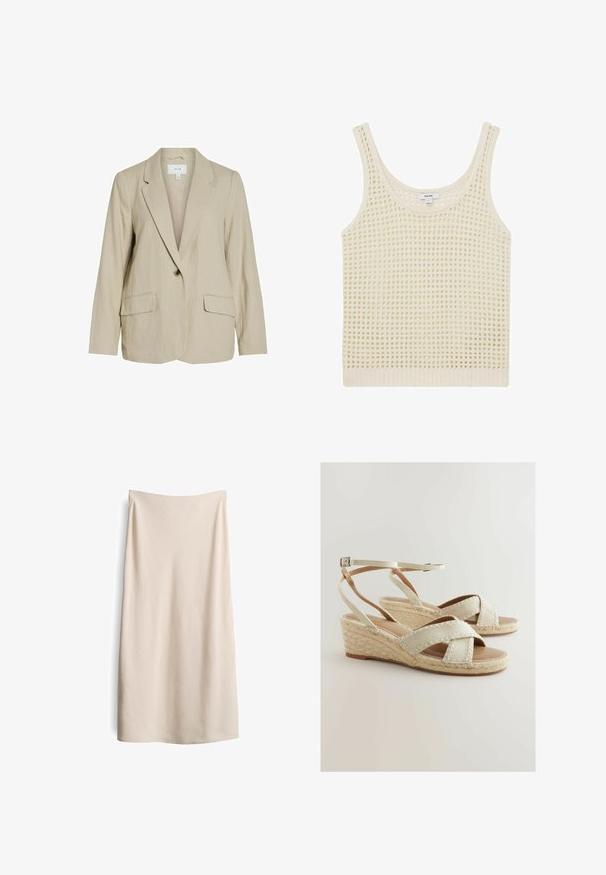 Hellbeige Blazer aus strukturiertem Stoff. Verfügt über einen Schließknopf, Reverskragen und zwei Fronttaschen.; Cremfarbener Tanktop mit einem lockeren, offenen Strickmuster und breiten Schulterträgern. Abgerundet mit einem gerippten Saum, der einen strukturierten Look verleiht.; Beige, knielanger Rock mit glatter Textur und geradem Schnitt. Keine sichtbaren Nähte oder Verschlüsse, mit einem klaren, minimalistischen Design.; Beige Espadrille-Wedges mit Kreuzriemen, gewebten Jute-Akzenten und einer gepolsterten Fußbett. Verstellbarer Knöchelriemen für eine optimale Passform.