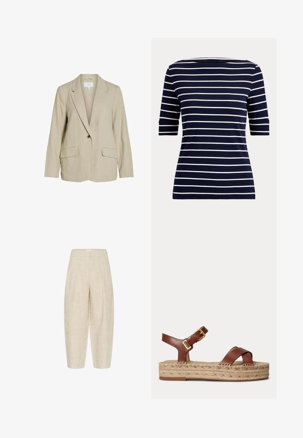 Blazer de color beige claro hecho de una tela texturizada. Cuenta con un cierre de un solo botón, solapas con muesca y dos bolsillos frontales.; Camisa azul marino con rayas horizontales blancas y mangas hasta el codo, mostrada sobre un fondo claro y sencillo.; Pantalones de lino beige con un corte holgado, que cuentan con pinzas en la cintura, largo recortado y una tela texturizada y tejida.; Sandalia marrón de cuero con correa ajustable con hebilla dorada y plataforma trenzada de yute sobre un fondo liso y claro.