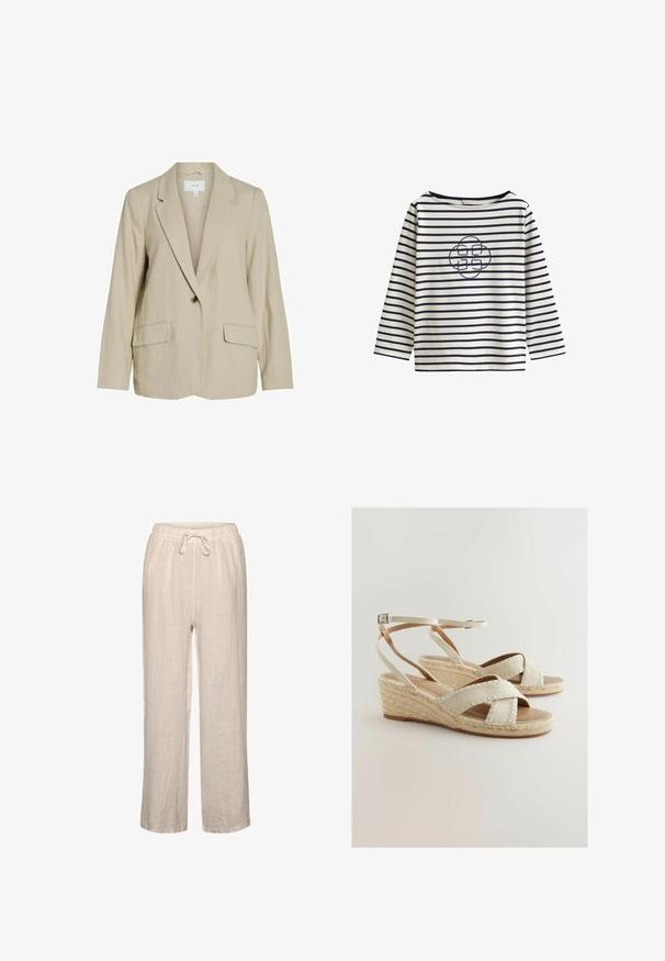 Blazer beige clair en tissu texturé. Dispose d'une fermeture à un seul bouton, de revers crantés et de deux poches avant.; Chemise blanche à manches longues avec des rayures horizontales bleu marine et un logo central brodé en forme de corde bleu marine sur la poitrine.; Pantalons en lin beige clair avec une taille élastique et un cordon de serrage, présentant une coupe décontractée et une jambe droite.; Sandales compensées beiges avec une tige en textile, des brides croisées, une plate-forme en jute tissé et une sangle de cheville ajustable. Semelle lisse.