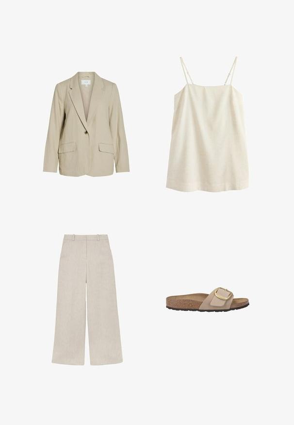 Blazer beige clair en tissu texturé. Dispose d'une fermeture à un seul bouton, de revers crantés et de deux poches avant.; Robe beige sans manches en lin avec fines bretelles réglables, encolure droite et silhouette simple en ligne A.; Pantalon beige à jambes larges, taille haute, passants pour ceinture et fermeture avant cachée, présenté à plat sur fond blanc.; Sandale à glisser beige avec une semelle en liège, une semelle en caoutchouc texturé et un grand accent de boucle dorée sur une bride lisse.