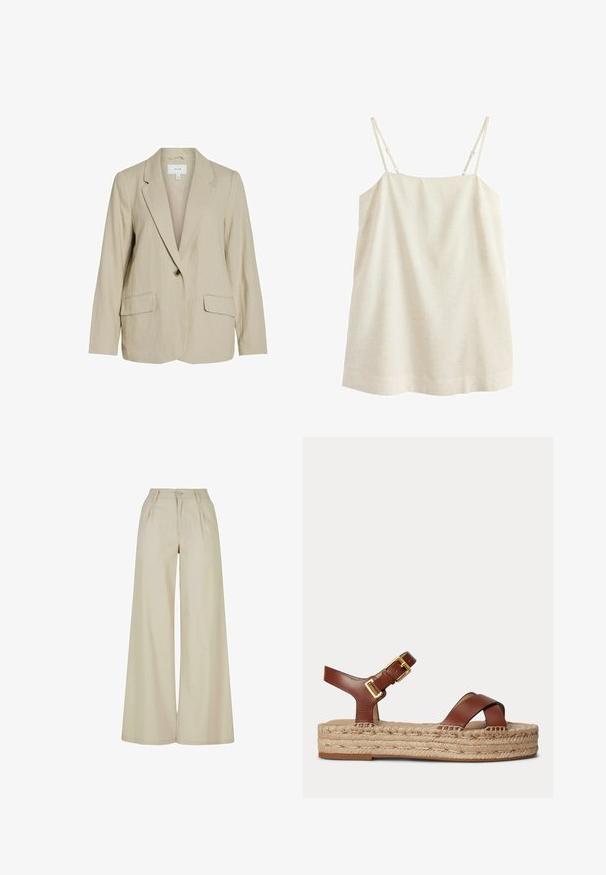 Lys beige blazer lavet af tekstureret stof. Har en enkelt knaplukning, spidse revers og to forlommer.; Beige ærmeløs hørkjole med tynde justerbare skulderstropper, lige halsudskæring og simpel A-formet silhuet.; Beige bukser med vide ben og høj talje, plisseringer foran, bæltestropper og lukning med knap.; Brun lædersandal med justerbar rem med guldbeslag og flettet jutesål med plateau mod en ensfarvet lys baggrund.