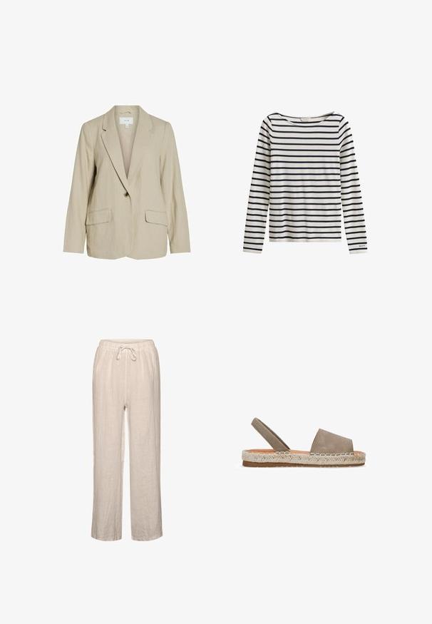 Blazer de color beige claro hecho de una tela texturizada. Cuenta con un cierre de un solo botón, solapas con muesca y dos bolsillos frontales.; Camisa blanca de manga larga con rayas horizontales azul marino y un pequeño logo "GANT" en el puño de la manga izquierda.; Pantalones de lino en beige claro con cintura elástica y cordón, que presentan un corte relajado y diseño de pierna recta.; Sandalias de esparto de ante beige con suela plana, diseño de punta abierta y un ribete trenzado de yute. Presenta una correa trasera de apoyo.