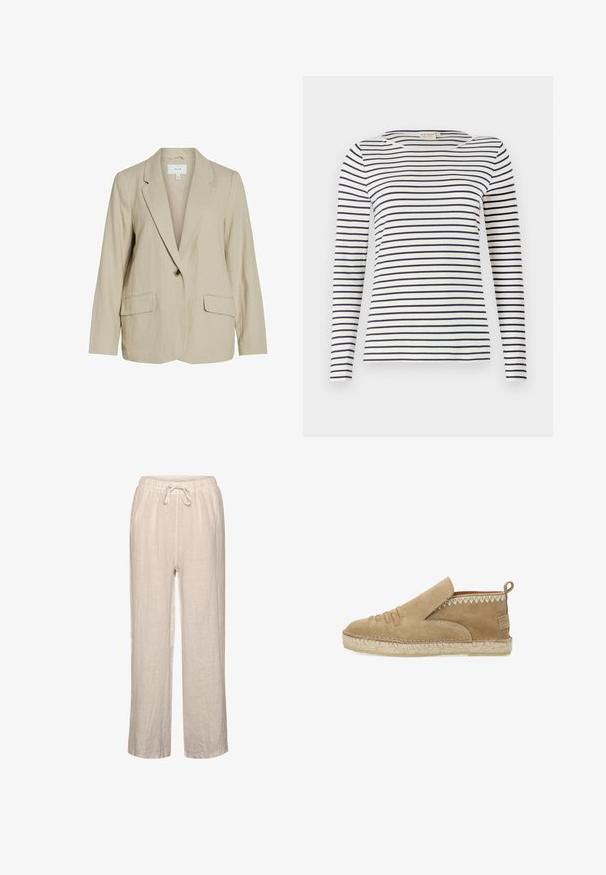 Blazer de color beige claro hecho de una tela texturizada. Cuenta con un cierre de un solo botón, solapas con muesca y dos bolsillos frontales.; Camisa de manga larga a rayas hecha de tela suave, con rayas horizontales en azul marino y blanco, escote redondo y un diseño ajustado.; Pantalones de lino en beige claro con cintura elástica y cordón, que presentan un corte relajado y diseño de pierna recta.; Alpargata sin cordones de ante marrón claro con suela tejida de yute cosida, tiras decorativas en la parte frontal y detalle de puntada en zigzag cerca del tobillo.