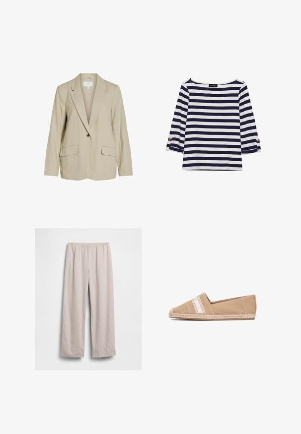 Blazer beige clair en tissu texturé. Dispose d'une fermeture à un seul bouton, de revers crantés et de deux poches avant.; Haut rayé bleu marine et blanc à manches longues avec un col bateau et des accents de boutons dorés sur les manches retroussées. Tissu doux, coupe décontractée.; Pantalon ample beige clair avec taille élastique, jambes droites et sans poches visibles, présenté à plat sur fond blanc.; Espadrille beige à enfiler avec semelle tissée et bande en tissu rayé blanche sur le dessus, présentée sur un fond blanc.