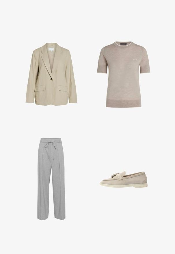 Lys beige blazer lavet af tekstureret stof. Har en enkelt knaplukning, spidse revers og to forlommer.; Beige strikket trøje med korte ærmer og rund hals, med diskret hvid kant og lille hvid "Karl" brodering på brystet.; Grå linned brede bukser med høj talje, udstyret med snørre, folder foran og en blød, struktureret finish.; Beige ruskinds loafers med en frynseaccent, der har en glat tekstur, rund tå og en gummisål for fleksibilitet.