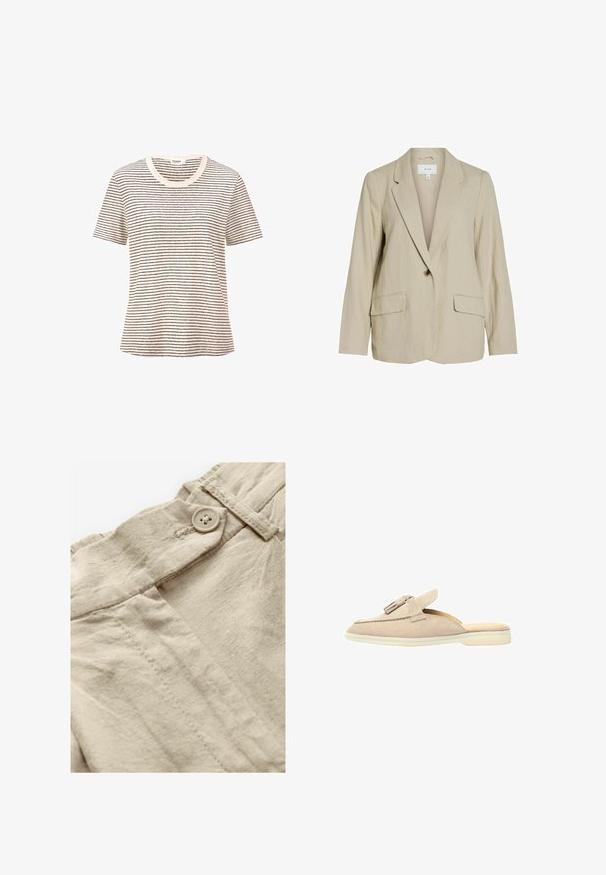 Blazer de color beige claro hecho de una tela texturizada. Cuenta con un cierre de un solo botón, solapas con muesca y dos bolsillos frontales.; Camiseta de rayas en color crema con finas líneas negras horizontales. Mangas cortas, cuello redondo, textura suave, corte relajado.; Tejido de lino beige con un cierre de botón visible y detalles de costura. La textura está ligeramente arrugada, mostrando un acabado suave y natural.; Zapato de ante beige tipo mocasín con punta afilada, detalle de borlas y suela de goma baja. Textura suave y diseño limpio sin adornos visibles.