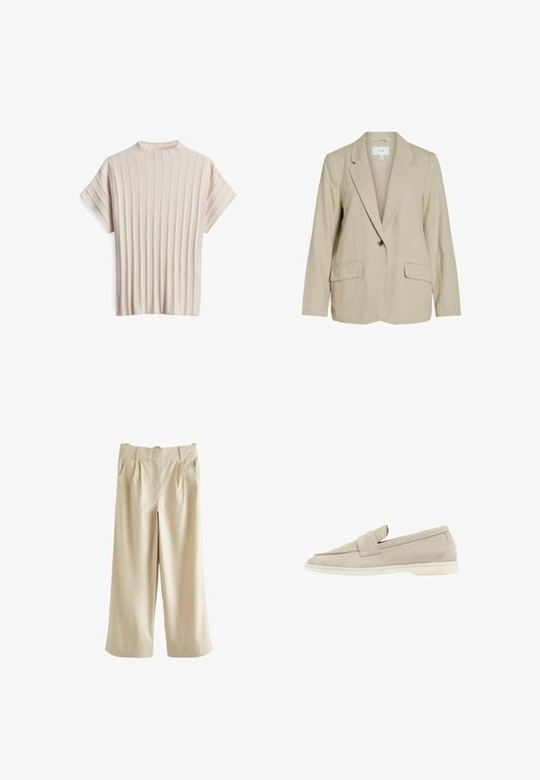 Blazer beige clair en tissu texturé. Dispose d'une fermeture à un seul bouton, de revers crantés et de deux poches avant.; Haut beige à manches courtes en tissu côtelé, avec un col montant et des lignes verticales pour la texture et le détail de conception.; Next SMART WIDE LEG - Pantalon classique - stone; Mocassin en suède beige clair avec une semelle blanche basse, un bout arrondi et une lanière cousue sur le dessus.