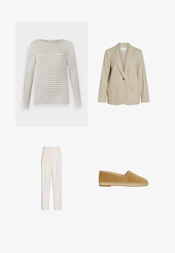 Lichtbeige blazer van gestructureerde stof. Heeft een enkel knoopsluiting, notch-lapels en twee voorzakken.; TOM TAILOR STRIPED BOAT NECK - Longsleeve - taupe/offwhite; Witte, op maat gemaakte broeken met hoge taille, plooien, ceintuurlussen en rechte pijpen, afgebeeld op een effen witte achtergrond.; Bruine suède espadrille met een ronde neus, jute gevlochten tussenzool en minimale stiksels op de bovenkant. De zool is plat en natuurlijk.