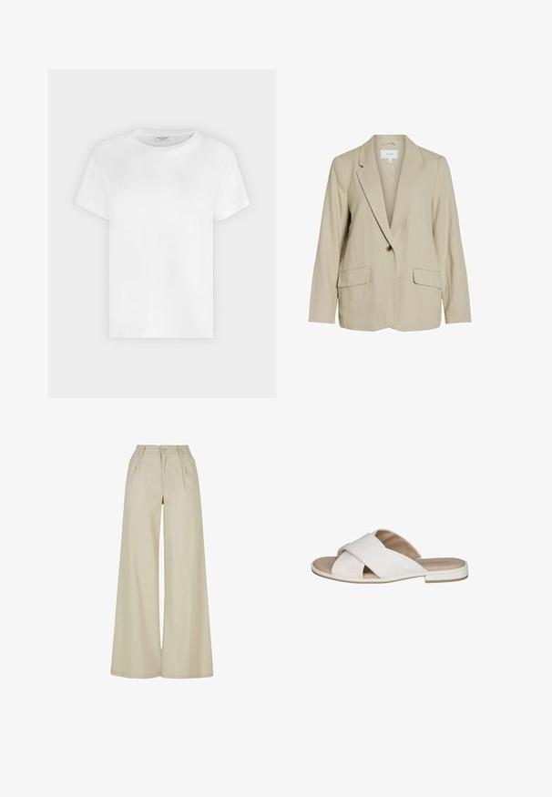 Lys beige blazer lavet af tekstureret stof. Har en enkelt knaplukning, spidse revers og to forlommer.; Hvid T-shirt med korte ærmer og rund hals med synligt Marc O’Polo-mærke inde i kraven mod en ensfarvet baggrund.; Beige bukser med vide ben og høj talje, plisseringer foran, bæltestropper og lukning med knap.; Hvide slidstærke sandaler med korsede remme, fremstillet af glat materiale. Har en flad sål og et minimalistisk design. Lysebrun indersål.