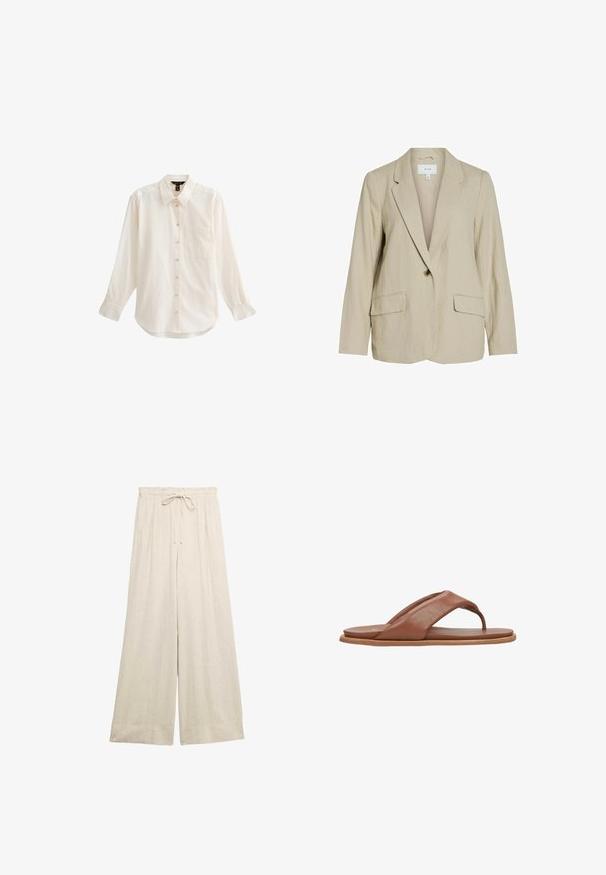 Lichtbeige blazer van gestructureerde stof. Heeft een enkel knoopsluiting, notch-lapels en twee voorzakken.; Lichtgekleurde, langmouwige blouse met knopen, voorzien van een kraag, een enkele borstzak en een zachte textuur met een licht gebogen zoom.; Beige linnen broek met wijde pijpen, elastische tailleband en aantrekkoord, ontworpen voor een losse en comfortabele pasvorm.; Bruine leren flip-flop sandaal met een naadloos ontwerp, voorzien van een tussenband en een platte zool met een tan rubberen rand.