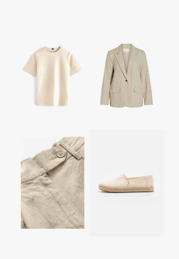 Hellbeige Blazer aus strukturiertem Stoff. Verfügt über einen Schließknopf, Reverskragen und zwei Fronttaschen.; Beige T-Shirt mit kurzen Ärmeln aus weicher Baumwolle, mit einem runden Ausschnitt und einem entspannten Schnitt mit subtiler Textur.; Beige Leinenstoff mit sichtbarem Knopfverschluss und Nähdetails. Die Textur ist leicht zerknittert und zeigt ein weiches, natürliches Finish.; Beige Canvas Slipper mit einer Sohle aus Jute-Seil, mit einer glatten Textur und einem schlichten Design, ohne sichtbare Hardware oder Muster.