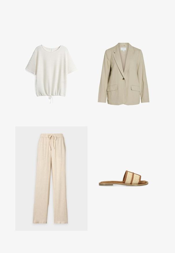 Lichtbeige blazer van gestructureerde stof. Heeft een enkel knoopsluiting, notch-lapels en twee voorzakken.; Witte korte mouwen top van textuurstof, losse pasvorm, ronde halslijn en trekkoord onderkant voor een aanpasbare silhouet.; Beige wijde broek met elastische tailleband en trekkoord, gemaakt van een lichtgewicht gestructureerde stof.; Platte slidesandaal met een gevlochten beige en bruine band en een lichtbruine zool tegen een witte achtergrond.