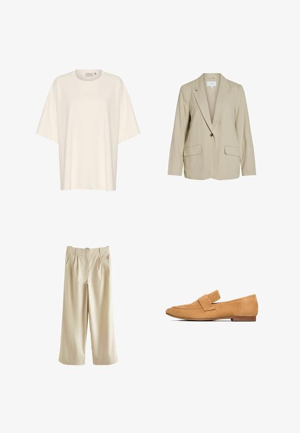 Blazer de color beige claro hecho de una tela texturizada. Cuenta con un cierre de un solo botón, solapas con muesca y dos bolsillos frontales.; Camiseta cremosa de gran tamaño hecha de una tela suave, con cuello redondo y mangas cortas. Detalle sutil del logotipo en relieve en la parte delantera.; Next SMART WIDE LEG - Pantalones - stone; Mocasines de ante color arena con tacón plano, punta redondeada y una tira cosida en el empeine para un acabado refinado.