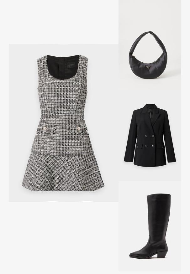 Blazer negro de doble botonadura con solapa con muesca, dos bolsillos delanteros y detalle de botones. Fabricado con tela tejida suave.; Vestido sin mangas en tweed blanco y negro con corsé ajustado, falda acampanada y dos bolsillos frontales adornados con embellishments redondos.; Bota de cuero negra hasta la mitad de la pantorrilla con puntera puntiaguda y tacón bajo inclinado sobre un fondo claro y liso.; Bolso de satén negro con forma curva, que cuenta con un cierre de cremallera y un logo triangular en metal en la parte delantera. Textura suave y diseño elegante.