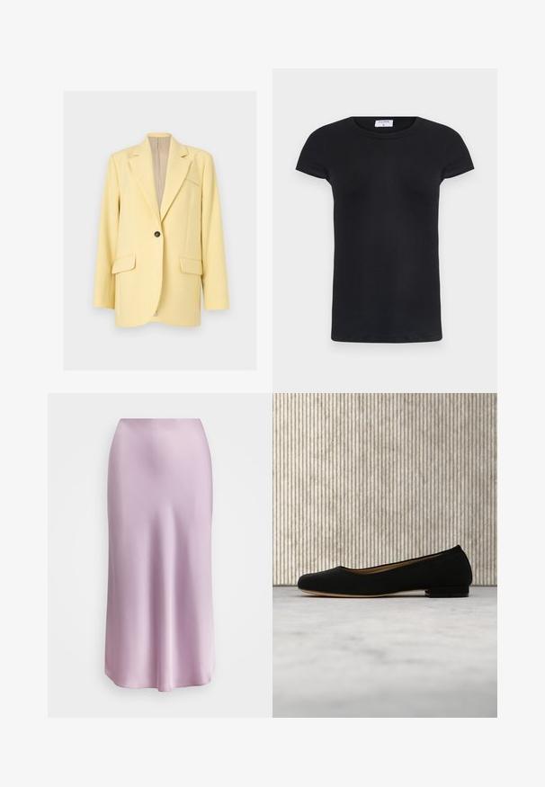 Lysegul blazer med enkel knap, hakkede revers, to forlommer med klap og en brystlomme med påsyet åbning, vist på en neutral baggrund.; Sort ribbet T-shirt med rund halsudskæring og korte ærmer. Blødt materiale med en tætsiddende pasform, som har et mærke i nakken.; Satin midi-nederdel i lyserød, med en glat tekstur, strømlinet silhuet og en udbredt kant. Ingen synlig hardware eller mønstre.; Sort ballerinasko svævende over beige tæppe med rundt brunt bord i baggrunden.