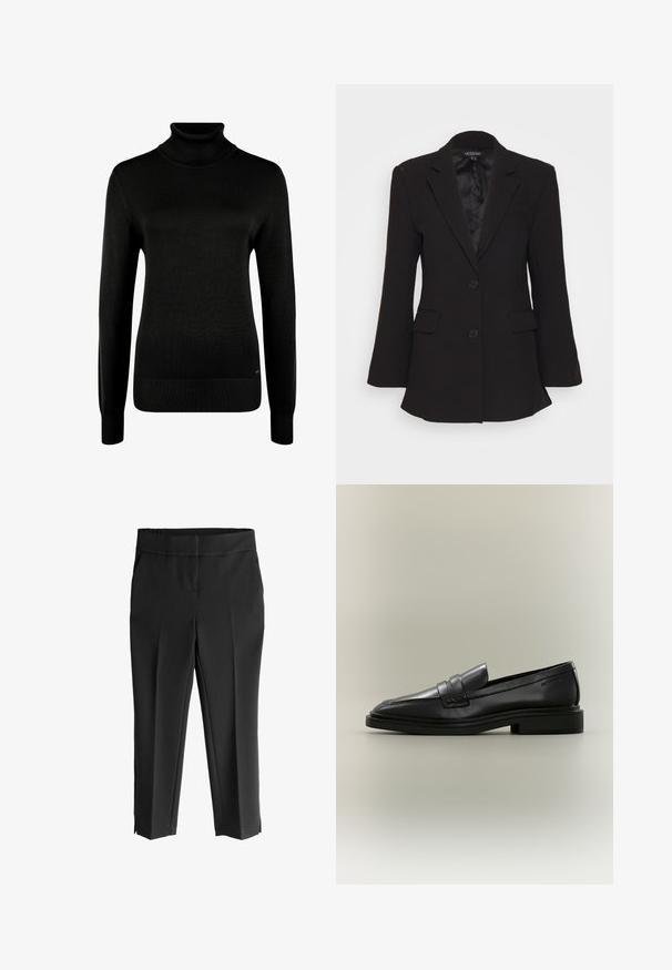 Mossman QUIET RENEWAL - Blazer - black; Pull noir à col roulé manches longues avec poignets et ourlet côtelés, présenté sur fond blanc.; Pantalons noirs ajustés avec une texture lisse, dotés d'une large taille, de deux poches latérales et d'entailles à l'ourlet pour une finition moderne.; Mocassin penny en cuir noir avec petit talon, bout arrondi et détails cousus sur fond neutre.