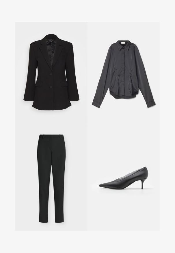 Mossman QUIET RENEWAL - Blejzer - black; Sara Battaglia PUFF SLEEVE - Blúzka so zapínaním na gombíky - black; Čierne nohavice slim fit s pútkami na opasok, predným zipsom a rovnými nohavicami, zobrazené na bielom pozadí.; Čierna lodička s ostrou špičkou, vyrobená z hladkej kože. Má štíhlý opätok a minimalistický dizajn bez viditeľných ozdôb.
