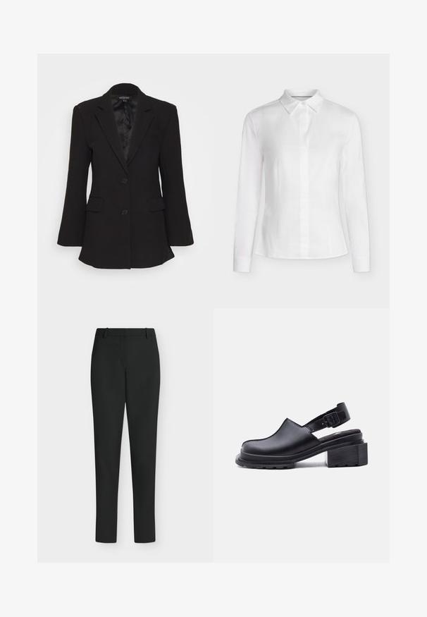 Mossman QUIET RENEWAL - Blazer - black; Witte getailleerde blouse met lange mouwen, puntkraag, knopen aan de voorkant en getailleerde naden, weergegeven op een effen achtergrond.; Zwarte slim fit broek met riemlussen, voorrits en rechte pijpen, getoond tegen een witte achtergrond.; Zwart leren slingback schoen met gesloten neus, verstelbare gespsluiting, stevige lage hak en gestructureerde zool op witte achtergrond.