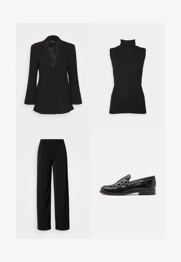 Mossman QUIET RENEWAL - Blazer - black; Sort ærmeløs turtleneck top lavet af ribbet stof, med høj hals og tætsiddende silhuet. Glat tekstur med minimal detaljering.; Sorte brede bukser lavet af glat stof, med et klassisk talje bånd og en skræddersyet silhuet med frontlommer.; Sort laker af patentlæder med dobbelt sølvspændeaccent, let afrundet tå og en lav stablet hæl. Tekstureret sømdetalje langs overdelen.