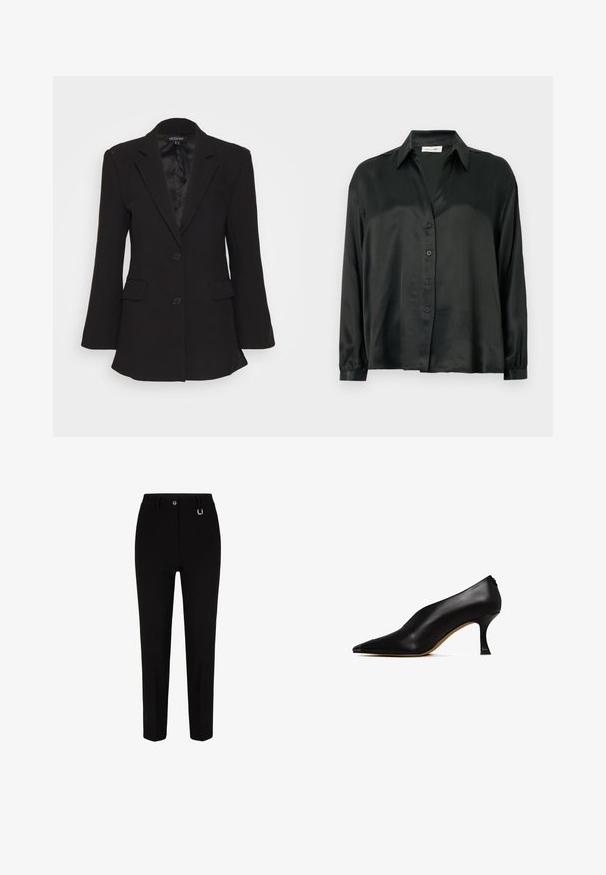 Mossman QUIET RENEWAL - Blazer - black; Camisa de satén negra con un frente abotonado, mangas largas con puños elásticos y un collar clásico. Textura suave con un diseño minimalista.; JOOP! Pantalones chinos - schwarz; Zapato de tacón alto de cuero negro con punta afilada y un tacón delgado y curvado. Presenta una textura suave y un diseño minimalista.