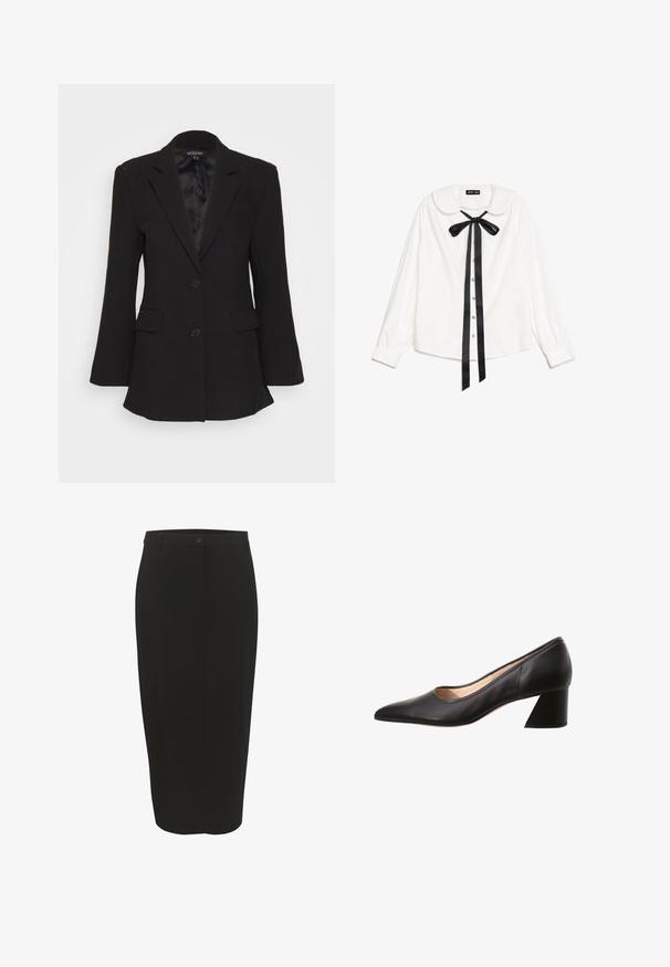 Mossman QUIET RENEWAL - Blazer - black; Hvid langærmet bluse med Peter Pan krave, sort satin butterfly ved halsen og perleknapper foran.; Sort blyantskirt med en glat stof, høj talje, enkelt knaplukning og struktureret form, der falder lige under knæene.; Sort læder damesko med spids tå og lav blokhæl, beige indvendig foring, vist fra siden på hvid baggrund.