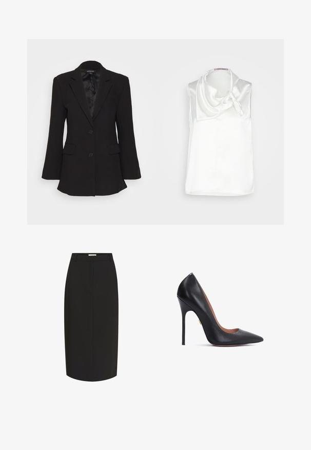 Mossman QUIET RENEWAL - Σακάκι - black; Anna Field by Zalando Μπλούζα - white; Μαύρη pencil φούστα από απαλό ύφασμα. Διαθέτει εφαρμοστή σχεδίαση, μήκος μέχρι τη μέση της γάμπας, θηλιές για ζώνη και κρυφό φερμουάρ στο πίσω μέρος.; Μαύρο δερμάτινο τακούνι με μυτερή μύτη, λεπτό στιλέτο και καμπυλωτό λαιμό. Λείο υφασμάτιο και χρυσή λεπτομέρεια κοντά στον τακούνι.