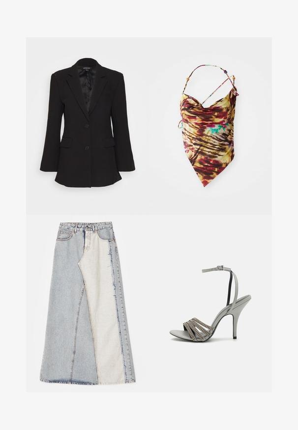 Mossman QUIET RENEWAL - Blazer - black; Bunte Batik-Halfterbluse mit dünnen Trägern und Perlendetails, in einem Mix aus Rot, Gelb, Braun und kleinen Blautönen, auf weißem Hintergrund flach ausgelegt.; Jeansrock mit einem Patchwork-Design in hell- und mittelblauen Abschnitten, ausgefransten Säumen und hoher Taille. Klassischer Fünf-Taschen-Stil.; Graue High-Heel-Sandale mit glatter Textur, ausgestattet mit fünf parallelen Riemen, die mit kleinen dekorativen Steinen verziert sind, und einem schmalen Knöchelriemen.
