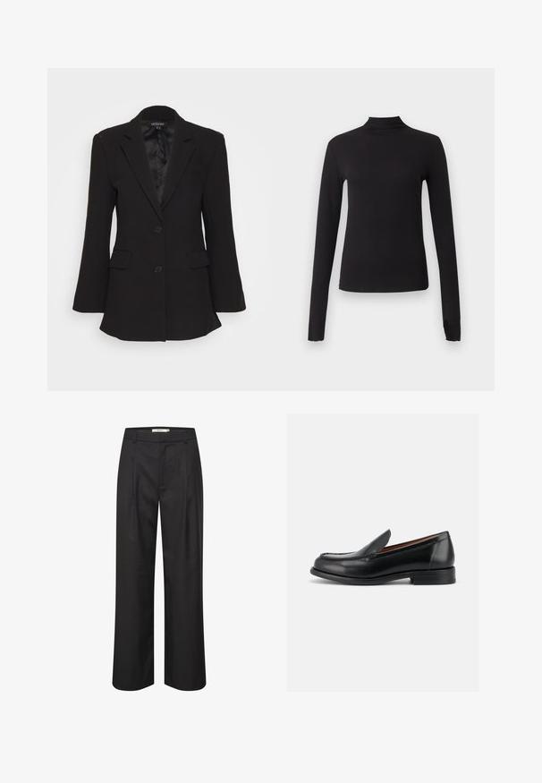 Mossman QUIET RENEWAL - Blazer - black; Camiseta negra ajustada de manga larga con cuello alto, mostrada sobre un fondo gris claro liso.; Pantalones de pierna ancha negros con una textura suave, delantero con plisados, lazos para cinturón y un diseño ajustado. El material ofrece una apariencia pulida.; Mocasín negro de piel sin cordones con tacón bajo, puntera redondeada y costuras estilo mocasín en la parte superior, mostrado desde el lado exterior.