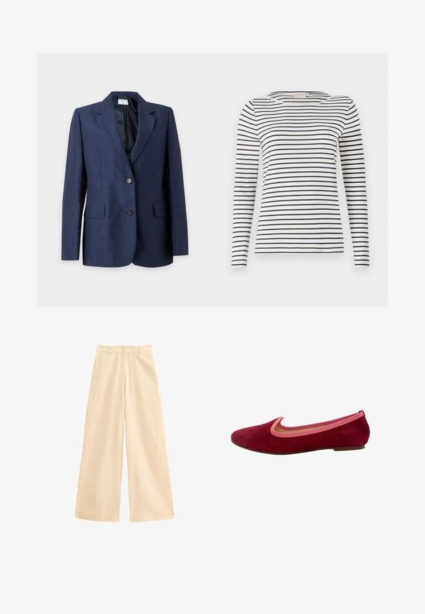 Marineblauer, maßgeschneiderter Blazer mit Kerbkragen, zwei vorderen Knöpfen, Pattentaschen und schwarzer Innenfütterung, dargestellt vor weißem Hintergrund.; Langärmliges gestreiftes Hemd aus weichem Stoff, mit navy- und weißen horizontalen Streifen, runder Halslinie und schlanker Passform.; Beige weit geschnittene Hose aus leichtem Stoff. Mit hoher Taille, Reißverschluss und Taschen vorne. Glatte Textur mit dezenter Seidigkeit.; Ballettschuh aus burgunderfarbenem Wildleder mit einem rosa elastischen Rand. Verfügt über eine runde Zehe und eine flache Außensohle für Komfort.