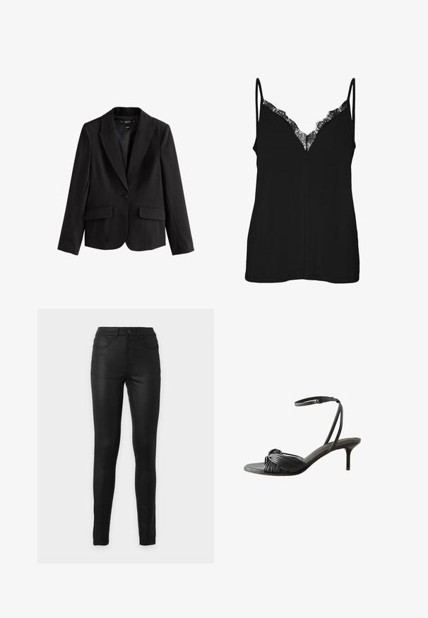 Mustast siledast kangast kohandatud bleiser. Omab sälklapiga kraed, ühe nupuga sulgemist, kahte esitaskut ja struktureeritud kuju.; Vero Moda VMALBERTA INSERT SINGLET - Topp - black; Mustad kõrge vöökohaga kitsad teksapüksid esikülje ja tagumise tasku, vööaasade ja nööpklambriga ühevärvilisel taustal.; Mustast nahast kõrgete kontsadega sandaal sõlmitud rihmadega varvaste kohal ja õhukese säärepaelaga, mis kinnitub pandlaga.