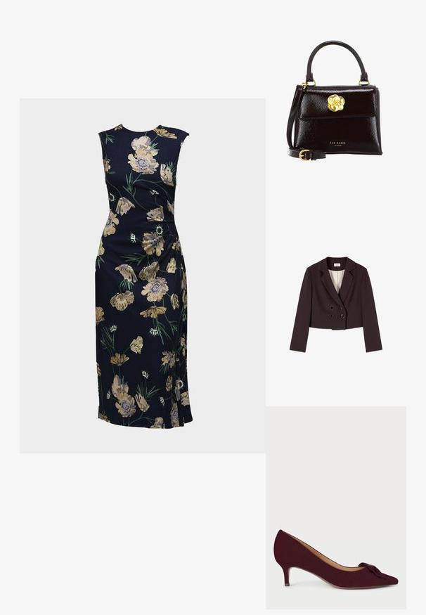 Mørkebrun kort blazer med lange ærmer, brede revers og dobbeltradet knaplukning, vist på en hvid baggrund.; Ærmeløs, figursyet midikjole i mørkeblå med gult og grønt blomsterprint, sideslids detalje og rund halsudskæring.; Bordeaux ruskindpumpe med spids tå, lille hæl og en knytta sløjfe accentueret på vampsiden; glat tekstur og strømlinet design.; Sort laklæderhåndtaske med struktureret design, der har et buet håndtag, aftagelig rem og en guldfarvet blomsterlåsdetalje.