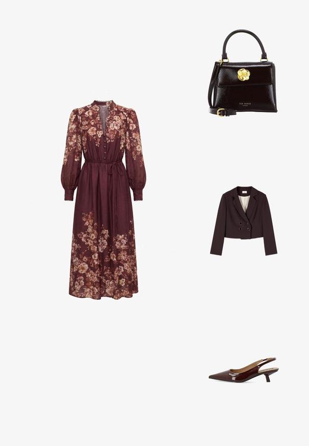 Mørkebrun kort blazer med lange ærmer, brede revers og dobbeltradet knaplukning, vist på en hvid baggrund.; Lang burgunderrød kjole med pink og beige blomsterprint, lange puffede transparente ærmer, knapper foran, høj halsudskæring og bælte i taljen.; Bianco Kitten heels BIAKRISTIN - Pumps - burgundy; Sort laklæderhåndtaske med struktureret design, der har et buet håndtag, aftagelig rem og en guldfarvet blomsterlåsdetalje.