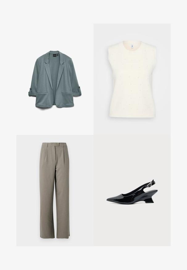 Lyse teal blazer med en glat tekstur, næbede klapper, to frontlommer og opbrettede ærmer fastgjort med knapper.; Cremefarvet ærmeløs sweater med små spredte perleudsmykninger og ribbet halsudskæring og bund, sat mod en lys baggrund.; Lys grå bredbenede bukser med en glat tekstur, der har frontfold, en knaplukning og to sidelommer.; Sort laklæder slingback sko med spids tå og lav vinklet blokhæl på ensartet lys baggrund.