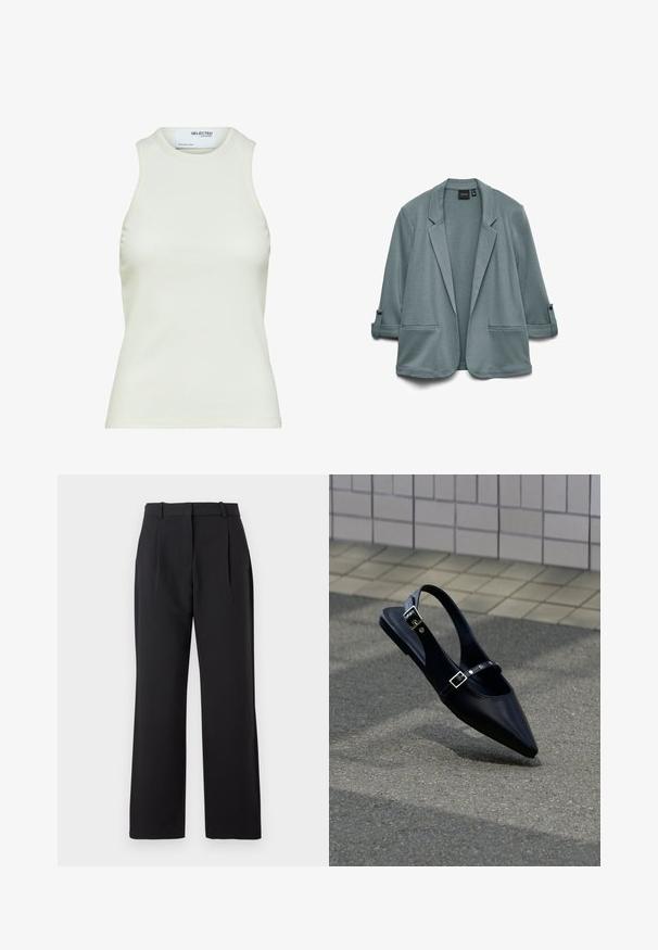 Blazer de un suave teal claro con textura lisa, solapas con muesca, dos bolsillos delanteros y mangas arremangadas sujetas por botones.; Camiseta sin mangas blanca acanalada con escote redondo de Selected Femme, mostrando vista frontal sin patrones ni decoraciones.; Pantalones anchos negros con una textura suave, que presentan pliegues en la parte frontal, un ajuste recto y un diseño de cinturilla clásica.; Zapato plano negro de punta puntiaguda con tiras de doble hebilla y talón descubierto, descansando sobre asfalto gris cerca de una pared con azulejos.