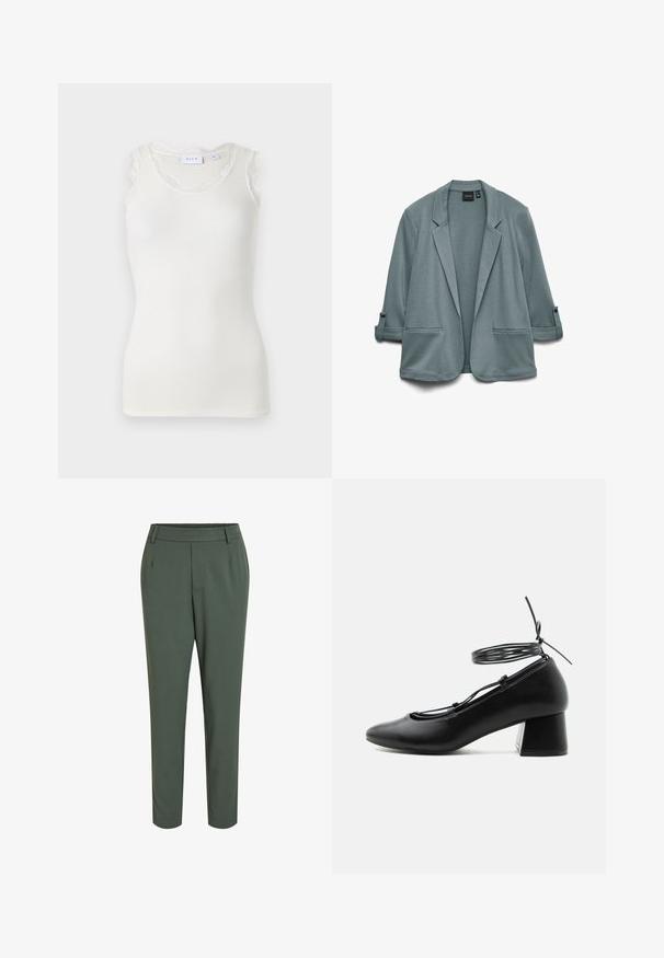 Blazer en bleu-vert clair avec une texture lisse, des revers crantés, deux poches avant et des manches retroussées maintenues par des boutons.; Débardeur blanc côtelé avec un col arrondi et une délicate dentelle sur les épaules. Design simple, tissu léger et coupe ajustée.; Pantalons vert foncé ajustés avec une taille plate, fabriqués à partir d'un tissu lisse, avec des plis avant et une finition épurée au niveau de la cheville.; Chaussure en cuir noir à talon moyen, bout pointu, brides croisées et lien de cheville autour sur fond blanc.