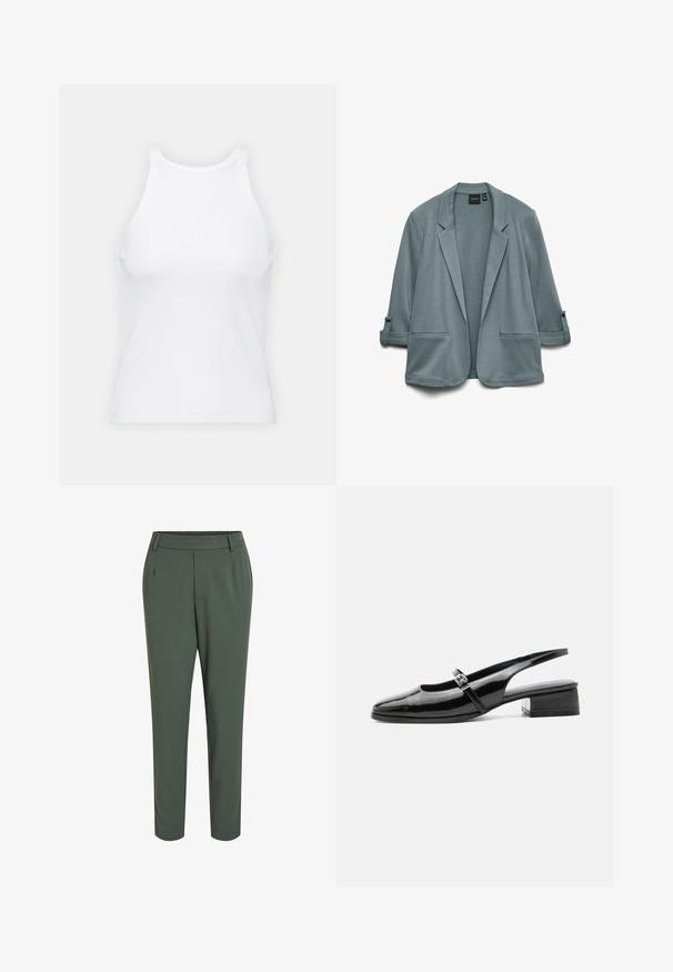 Lyse teal blazer med en glat tekstur, næbede klapper, to frontlommer og opbrettede ærmer fastgjort med knapper.; Hvid ærmeløs tanktop lavet af ribbet stof, med en rund halsudskæring og en tætsiddende silhuet, med minimale sømme og ingen pynt.; Grønne tapered bukser med flad talje, lavet af et glat stof, med forfald og en ren afslutning ved anklen.; Sort laklæderslingback-sko med lav blokhæl og tynd rem med sølvspænde over toppen.