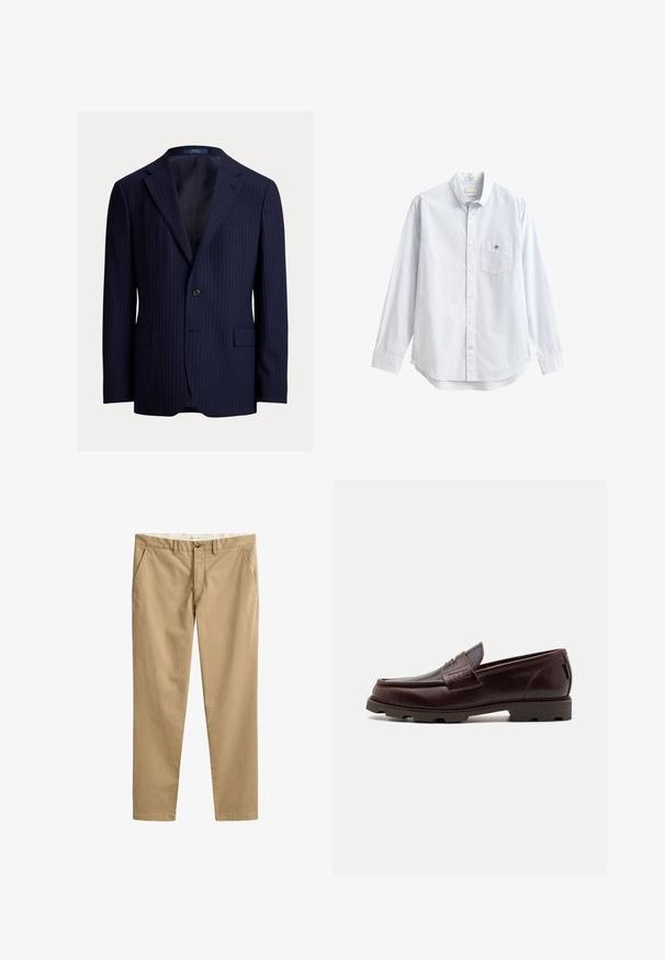 Marineblå blazer med nålestriber lavet af stof med en glat tekstur. Har notched revers, lukning med en knap og to forlommer.; Lyseblå skjorte med lange ærmer og knapper, lavet af bomuld. Har en lomme på venstre bryst og en klassisk krave med et lille brandingsdetalje.; Beige chinos med lige ben, bæltestropper, frontknap, lynlås og sidelommer, vist fladt på en hvid baggrund.; Brune læder loafer med en mokkasinstil overdel, tekstureret syning og en robust sål med multidirektionale dæk.