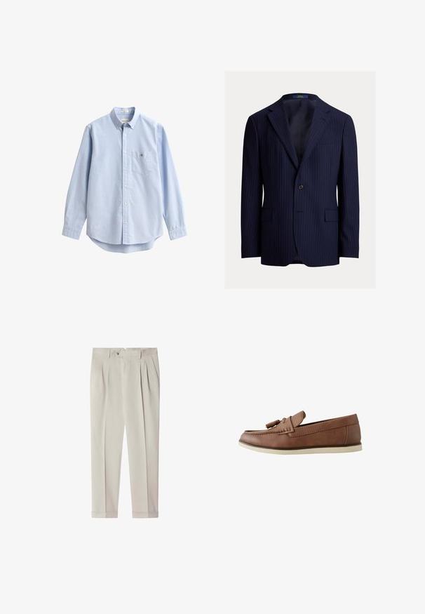 Marineblå blazer med nålestriber lavet af stof med en glat tekstur. Har notched revers, lukning med en knap og to forlommer.; Lyseblå bomuldsskjorte med knapper. Har en brystlomme, lange ærmer og en klassisk krave. Glat tekstur med afrundet kant.; Lysebeige skræddersyede bukser med læg, bæltestropper, sidelommer, knaplukning og manchetter nederst.; Brune læderloafers med en tekstureret rem og kvastdetalje, med en hvid gummisål og rundet tå-design.