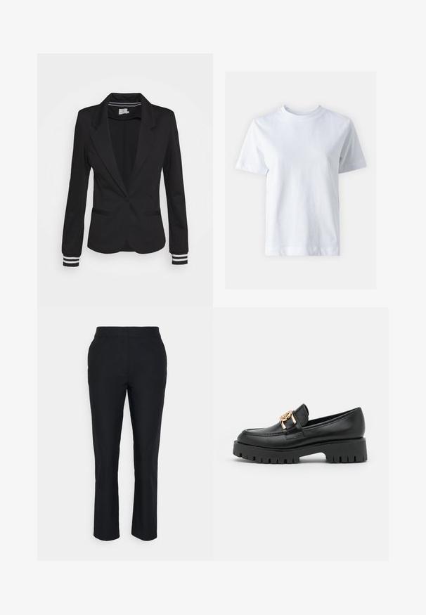 Schwarze Blazer mit tailliertem Schnitt, einreihiger Knopfverschluss, zwei vorderen Taschen und gestreiften Ärmelabschlüssen. Glattes Material mit Reverskragen.; Weißes Baumwoll-T-Shirt mit Rundhalsausschnitt, kurzen Ärmeln, gerader Schnittführung und glatter Textur. Keine Muster oder Verzierungen.; Schwarze maßgeschneiderte Hose mit geradem Bein, aus glattem Stoff. Verfügt über einen Bund ohne sichtbare Verschlüsse oder Taschen.; Schwarze Lederloafers mit einer dicken Sohle und goldenen Hardware-Akzenten; verfügen über eine abgerundete Spitze und eine gestickte Detailverarbeitung entlang des Obermaterials.