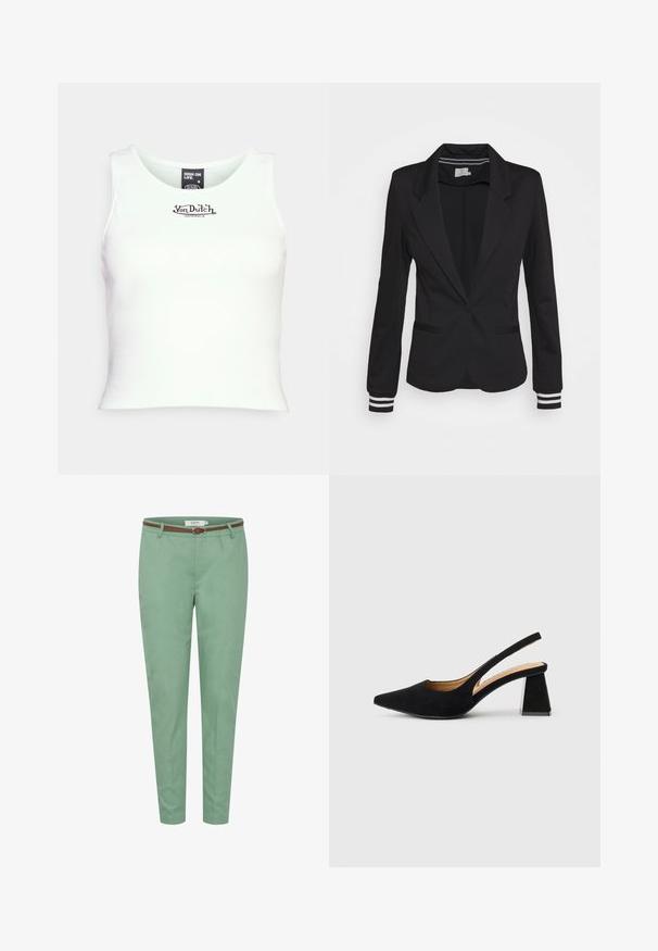 Sort blazer med skræddersyet pasform, enkelt knaplukning, to forlommer og stripede manchetter. Glat stof med reverskrave design.; Hvid ribbet crop tank top med rund halsudskæring og sort "Von Dutch" logo i midten. Lavet af strækbart bomuldsblandingsstof.; Slank mintgrønne bukser med et smalt brunt bælte, forrest lynlås og bæltestropper, vist mod en hvid baggrund.; Sorte ruskinds slingback sko med spids tå, åbne sider og firkantet blokhæl. Har en struktureret overdel og glat indersål.