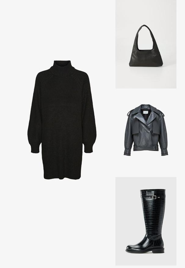 Schwarze, kurze Bikerjacke aus Leder mit breiten Revers, Schulterriegeln, Gürtel vorne und Riemen an den Manschetten der langen Ärmel.; Schwarzes Strickkleid mit hochgeripptem Kragen, Raglanärmeln und strukturiertem Stoff. Lockere Passform mit umgeschlagenen Ärmeln und geradem Saum.; Schwarze kniehohe Stiefel mit Krokodil-Grain, runder Zehenform, niedrigem Blockabsatz und einem silbernen Schnallenriemen nahe der Oberkante.; Schwarze Lederhandtasche mit dreieckiger Form, einem großen Ausschnittgriff und detaillierter Naht entlang der Kanten. Glatte Textur.