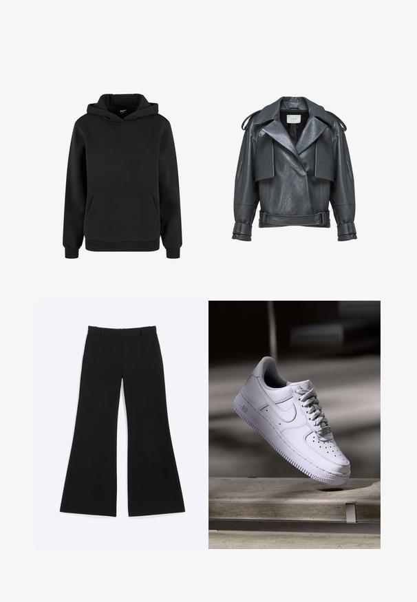 Veste de motard courte en cuir noir avec larges revers, bretelles aux épaules, ceinture à l'avant et sangles aux poignets sur les manches longues.; Sweat à capuche noir avec manches longues et poche kangourou à l'avant, confectionné en tissu doux avec poignets et ourlet côtelés.; Pantalon noir à larges jambes avec passants pour ceinture et poches latérales, présenté à plat sur un fond blanc.; Baskets Nike Air Force 1 blanches lévitant au-dessus d'une surface en béton avec des ombres dans un cadre minimaliste.