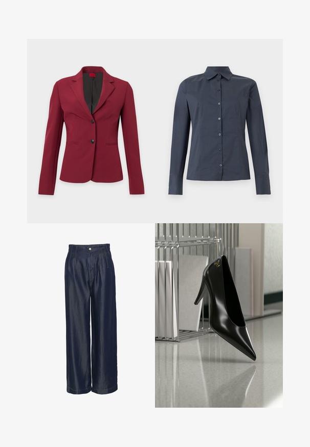 Skræddersyet dames burgunderrød blazer med notch revers, to sorte knapper og forlommer på en neutral baggrund.; Mørkegrå, langærmet skjorte med knapper og spids krave samt figursyede sømme, vist på hvid baggrund.; Marineblå denim bukser med vid ben, høj talje, forsynede med frontfolder og guldstof-detaljer, glat tekstur og knaplukning.; Sort højhælet sko med spids tå og guldlogo, placeret på en reflekterende overflade nær en krom trådfilholder med dokumenter.
